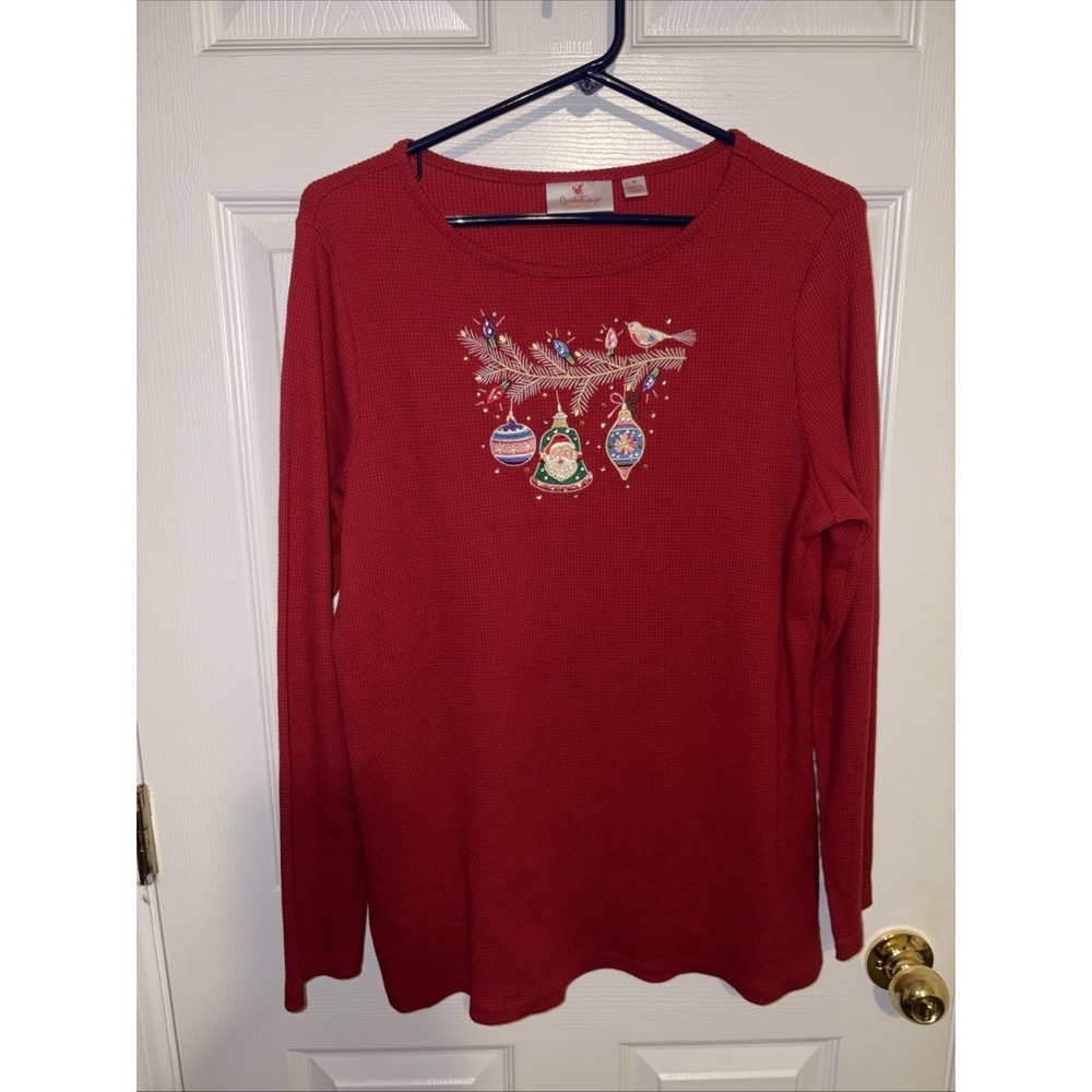 Quacker Factory Embroidered Christmas Top Red Waffle Knit Long Sleeve Size M